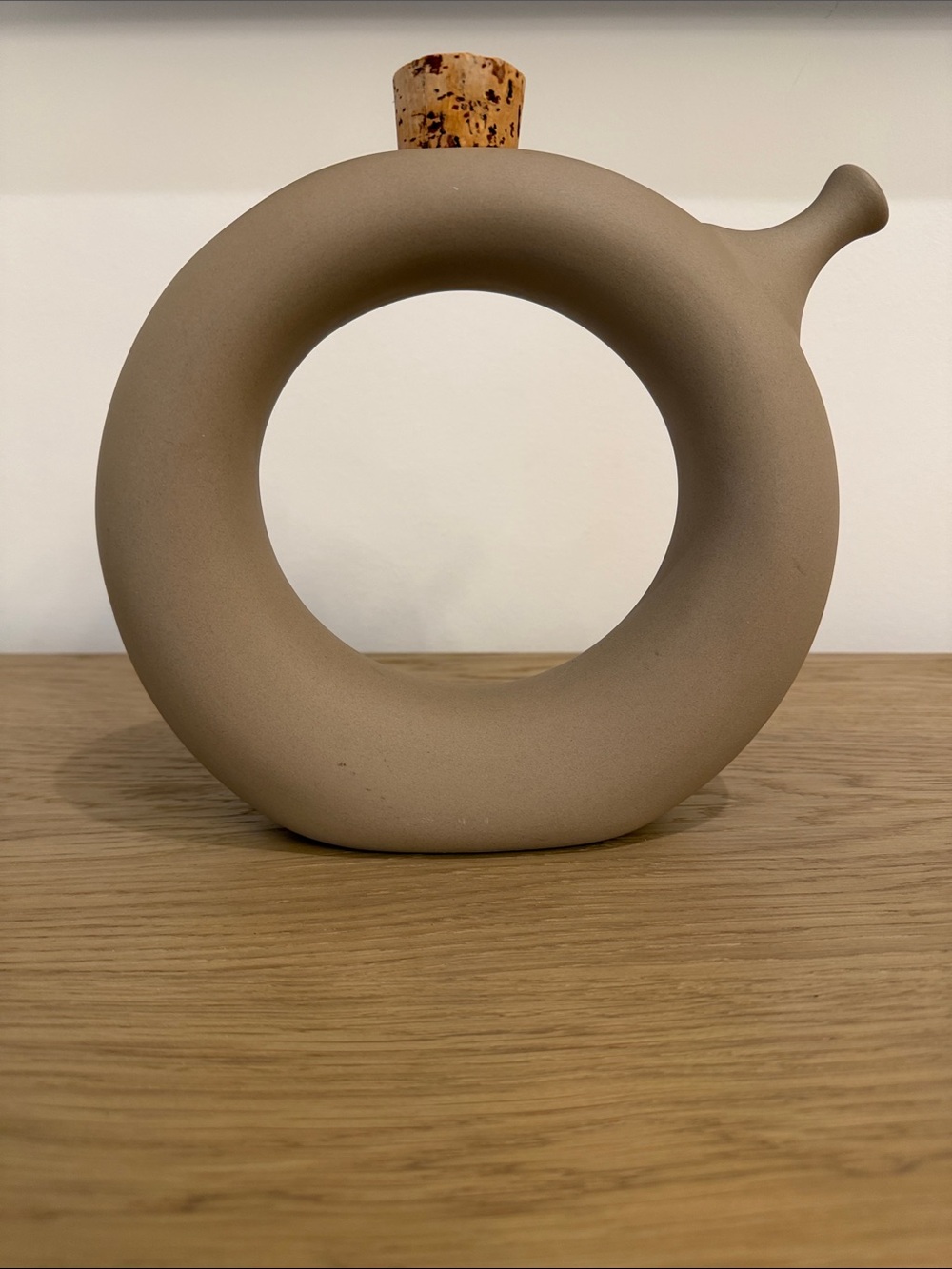 Modern Donut-Shaped Ceramic Vase in Matte Taupe With Cork & Spout